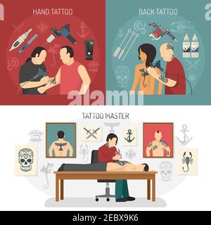 Three flat tattoo studio design concept set with hand and back tattoos and master descriptions vector illustration Stock Vector