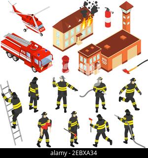 Colored isometric fire department icon set with attributes to extinguish a fire and firefighters vector illustration Stock Vector