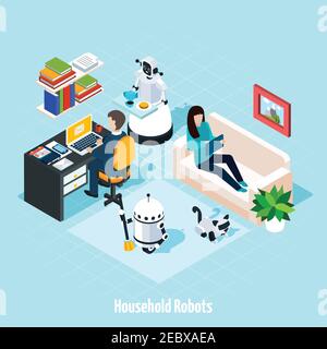 Household robots isometric composition with robots helping young family resting in free time vector illustration Stock Vector