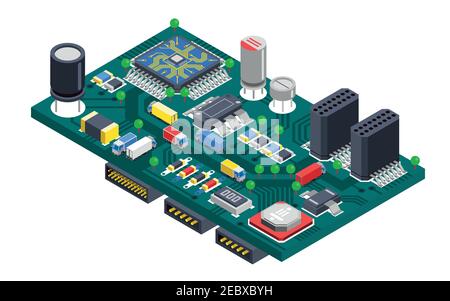 Semiconductor electronic circuit board isometric composition with silicon chips and cargo trucks driving on wire tracks vector illustration Stock Vector