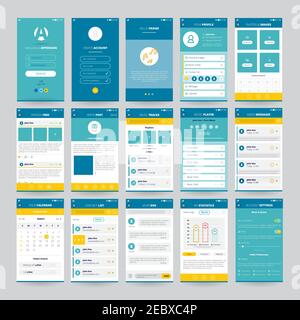 Set of mobile screens with UI for applications including music player photos and messages isolated vector illustration Stock Vector