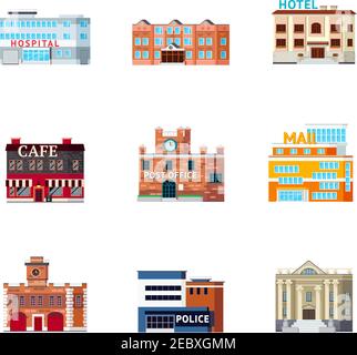 Orthogonal icons set with isolated images of different purpose city buildings facade looks and architectural form vector illustration Stock Vector
