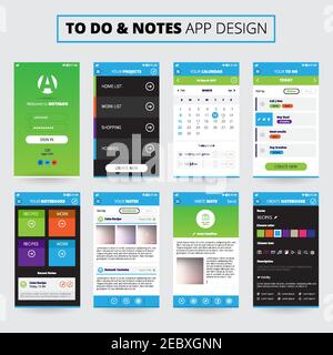 Mobile apps design for notes and projects on smartphone screens with icons and settings isolated vector illustration Stock Vector