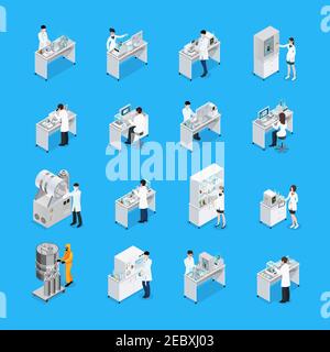 Set of sixteen isolated icons with chemical laboratory works bench furniture equipment and scientists isometric images vector illustration Stock Vector