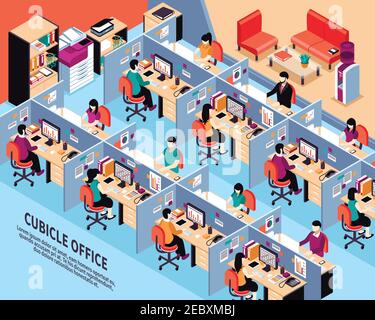 Office workplace isometric vector illustration with men and women working in cubicles at their desks vector illustration Stock Vector
