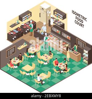 Food court composition with isometric interior of european asian restaurant rooms visitors and kitchen with people vector illustration Stock Vector