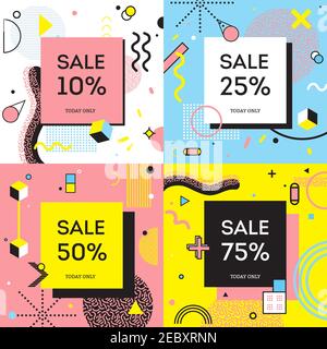 Sale concept in memphis style with percentage of discount on background with geometric shapes isolated vector illustration Stock Vector