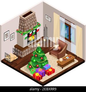 Lounge interior with christmas tree on light carpet and festive decorations on traditional fireplace isometric vector illustration Stock Vector