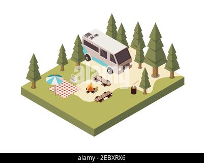 Campsite in forest isometric design with bonfire benches picnic blanket and umbrella log with axe vector illustration Stock Vector