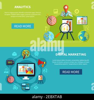 Two horizontal banners set with seo analytics digital marketing related image compositions with read more button vector illustration Stock Vector