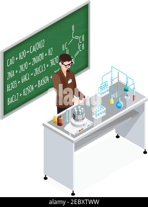 School composition with teacher character at table with test tubes and equipment with blackboard and formulas vector illustration Stock Vector