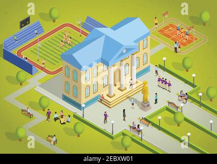 University campus building and sport complex facilities with students isometric view poster vector illustration Stock Vector