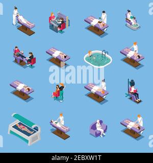 Beauty salon isometric set with manicure pedicure massage tanning and mud treatment stone therapy isolated vector illustration Stock Vector