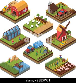 Agricultural compositions isometric set with farm buildings and vehicles livestock and fishing cultivated lands isolated vector illustration Stock Vector