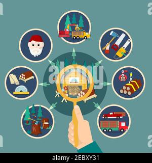 Flat colored lumberjack composition with icon set combined in little rounds and schematically put vector illustration Stock Vector