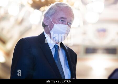 Washington, United States. 12th Feb, 2021. Sen. Ed Markey, D-Mass., talks with reporters in the Capitol during a break in the impeachment trial of former President Donald Trump in Washington, DC, USA on Friday, February 12, 2021. Photo By Tom Williams/Pool/ABACAPRESS.COM Credit: Abaca Press/Alamy Live News Stock Photo