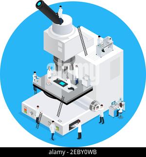 Microscope conceptual round composition with isometric image of microscope with figures of scientists characters in gowns vector illustration Stock Vector