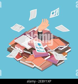 Flat 3d Isometric Businessman Drowned in Book and Document Pile. Information Overload and Overwork Concept. Stock Vector