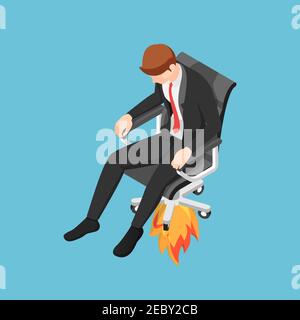 Flat 3d Isometric Businessman Flying Up with His Jet Chair. Get Promoted or Get Fired Concept Stock Vector