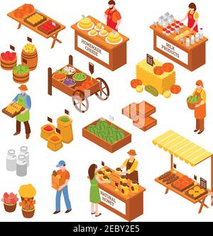 Marketplace isometric set of food counters with farmers selling milk products natural honey homemade cheese fruits and vegetables isolated vector illu Stock Vector