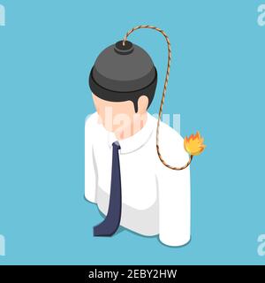 Flat 3d Isometric Bomb with Burning Fuse Inside Businessman Head. Anger and Stress Problem Crisis Management Concept. Stock Vector