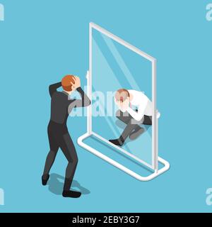 Flat 3d Isometric Businessman See Himself Failure in The Mirror. Business Failure and Low Self-Esteem Concept. Stock Vector