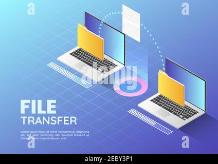 3d Isometric web banner Two Laptop Transfer Files and Organize Folder. File Sharing and Document Management Concept Llanding Page. Stock Vector