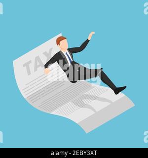 Flat 3d Isometric Businessman Slipping and Falling on Tax Document. Tax Payment Concept. Stock Vector