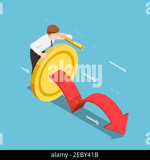 Flat 3d Isometric Businessman with Golden Coin and Telescope Looking Forward. Long Term Investment Concept. Stock Vector