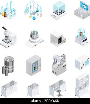 Laboratory icons set with sixteen isolated isometric images of lab tools workbenches and workplace furniture elements vector illustration Stock Vector
