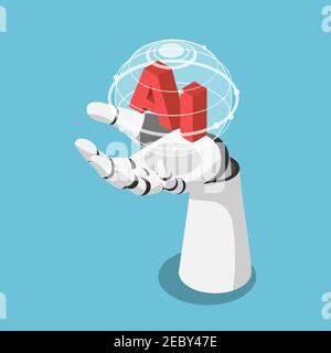 Flat 3d Isometric Hand of Artificial Intelligence Robot Holding Futuristic Globe with Connection Network. Artificial Intelligence and Machine Learning Stock Vector