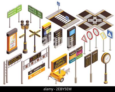 City navigation isometric elements set with isolated realistic images of street pedestrian and traffic signs images vector illustration Stock Vector