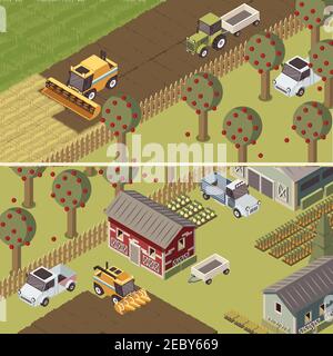 Ranch isometric horizontal banners with agricultural vehicles and farmlands apple trees and garden beds isolated vector illustration Stock Vector