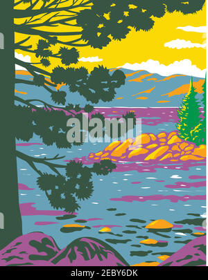 WPA poster art of Emerald Bay, Lake Tahoe, a large freshwater lake in the Sierra Nevada Mountains located in California and Nevada done in works proje Stock Vector