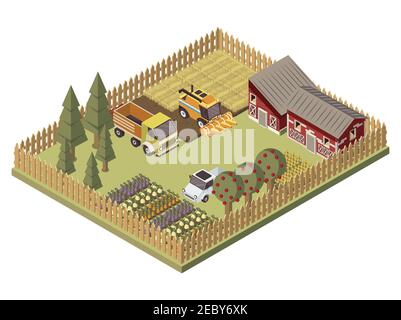 Farm vehicles isometric design with agricultural buildings cultivated lands apple trees garden beds with harvest vector illustration Stock Vector