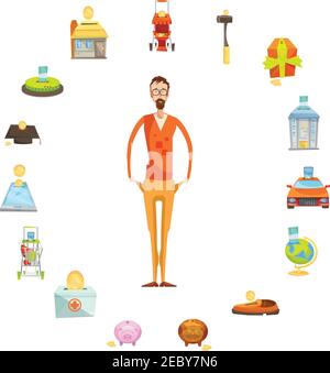Family budget composition of full length male character with empty pockets surrounded by valuable things circle vector illustration Stock Vector