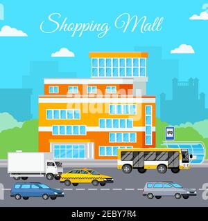 Shopping mall composition with orthogonal storefront sky clouds cityscape silhouettes and various cars on street trafficway vector illustration Stock Vector