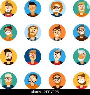 Men faces expressing different emotions colorful userpic set isolated on white background cartoon vector illustration Stock Vector