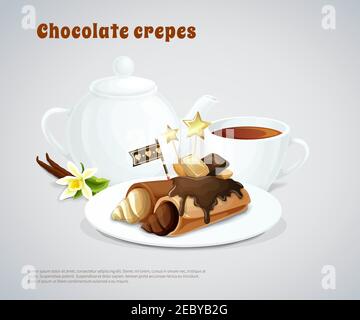 Composition with chocolate pancakes stuffing cream on dish and teapot with cup on grey background vector illustration Stock Vector