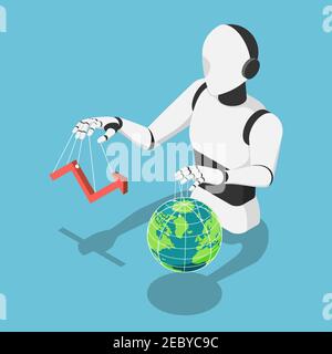 Flat 3d Isometric Ai Robot Controlling market financial chart and The World Globe. Ai Artificial Intelligence Control The Infrastructure of Entire Pla Stock Vector
