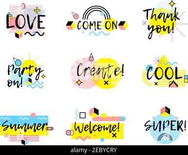 Collection of hand drawn phrases in  memphis style with colorful lines and geometric shapes isolated vector illustration Stock Vector