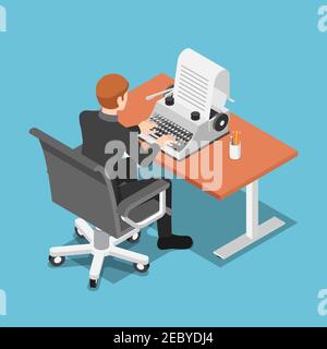 Flat 3d Isometric Businessman Using Typewriter. Ghost Writer and Content Marketing Concept. Stock Vector