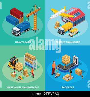 Warehouse isometric 2x2 icons set with delivery transport and process of packaging isolated vector illustration Stock Vector