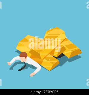 Flat 3d Isometric Businessman Under The Gold  Bar Pile. Gold Market Price Crisis and Investment Concept. Stock Vector