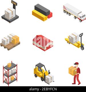 Stock logistics isometric icon set with loaders warehouses and vehicles for delivery of cargoes vector illustration Stock Vector