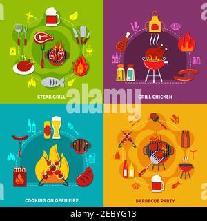 Set with different cartoons concerning cooking on open fire steak grill and grill chiken on barbecue party vector illustration Stock Vector