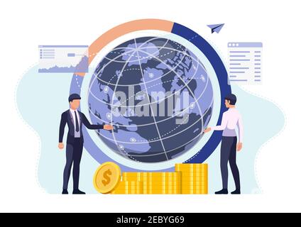 Businessman Talking to His Partner with Earth Globe and Global Network. Global Business Concept. Stock Vector
