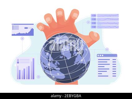 Big Hand Controlling World Economic and Finance From Above. The World Economy Under The Control of Powerful Person Concept. Stock Vector