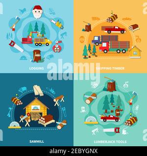 Four flat square lumberjack icon set with logging shipping timber sawmill and tools descriptions vector illustration Stock Vector
