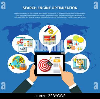 Search engine optimization concept with hands holding tablet surrounded by thought bubble compositions of web icons vector illustration Stock Vector